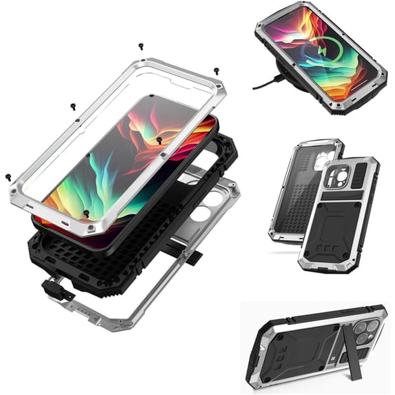 Case Compatibility with iPhone 15 Pro Max Case 6.7 '' 2023 Heavy Duty Protection Dustproof Rugged Military Grade Metal Built in Screen Protector Kickstand Phone case (15Pro Max Silver)
