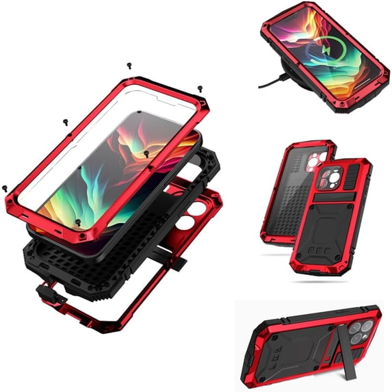 Case Compatibility with iPhone 15 Pro Max Case 6.7 '' 2023 Heavy Duty Protection Dustproof Rugged Military Grade Metal Built in Screen Protector Kickstand Phone case (15Pro Max Red)