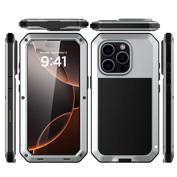 Case Compatibility with iPhone 16 Pro Case 6.3 '' 2024 Heavy Duty Protection Dustproof Rugged Military Grade Metal Built in Screen Protector Kickstand Armor Phone case,Sliver