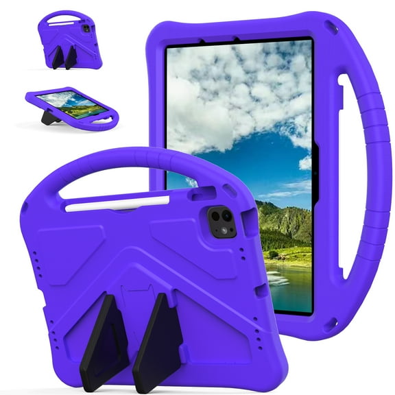 Case Compatible With Apple iPad Air 11"(2024)/Pro 11"(2024),Kids Friendly,With Handle and Contractible Kickstand,Lightweight Shockproof Rugged EVA Drop-proof Cute Cover Case,Purple