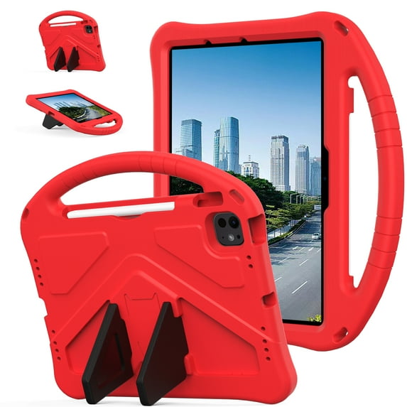 Case Compatible With Apple iPad Air 11"(2024)/Pro 11"(2024),Kids Friendly,With Handle and Contractible Kickstand,Lightweight Shockproof Rugged EVA Drop-proof Cute Cover Case,Red