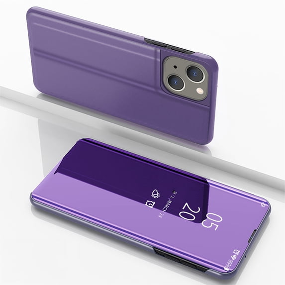 Case Compatible with Apple iPhone 14 Cell Phone Case with Kickstand, PU Leather, Clear View Mirror Plating Smart Flip Cover Shockproof Protective Cover for iPhone 14, Purple