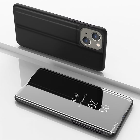 Case Compatible with Apple iPhone 14 Cell Phone Case with Kickstand, PU Leather, Clear View Mirror Plating Smart Flip Cover Shockproof Protective Cover for iPhone 14, Black