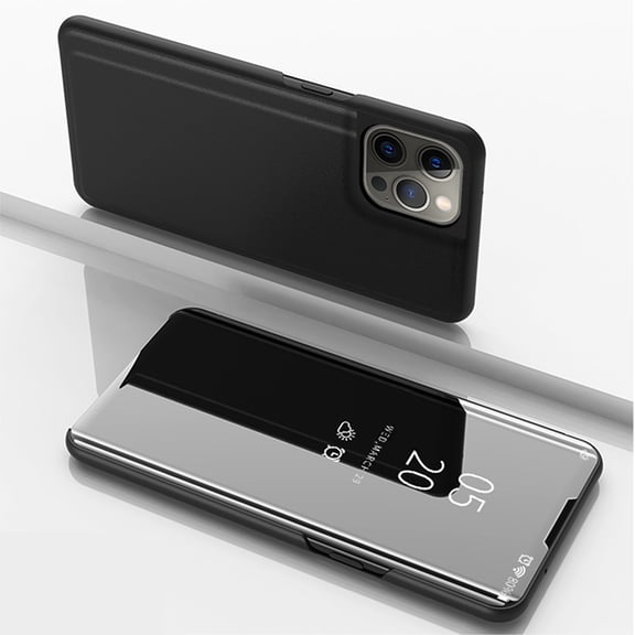 Case Compatible with Apple iPhone 14 Pro Cell Phone Case with Kickstand, PU Leather, Clear View Mirror Plating Smart Flip Cover Shockproof Protective Cover for iPhone 14 Pro, Black