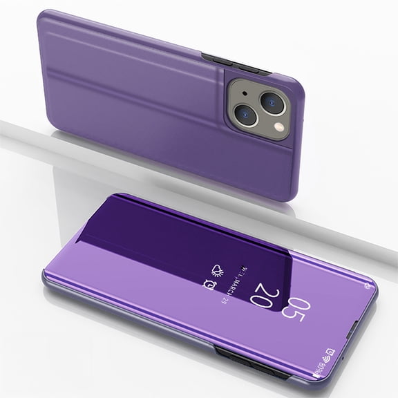 Case Compatible with Apple iPhone 15 Cell Phone Case with Kickstand, PU Leather, Clear View Mirror Plating Smart Flip Cover Shockproof Protective Cover for iPhone 15, Purple
