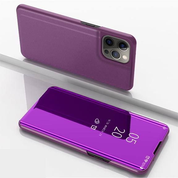 Case Compatible with Apple iPhone 15 Pro Cell Phone Case with Kickstand, PU Leather, Clear View Mirror Plating Smart Flip Cover Shockproof Protective Cover for iPhone 15 Pro, A