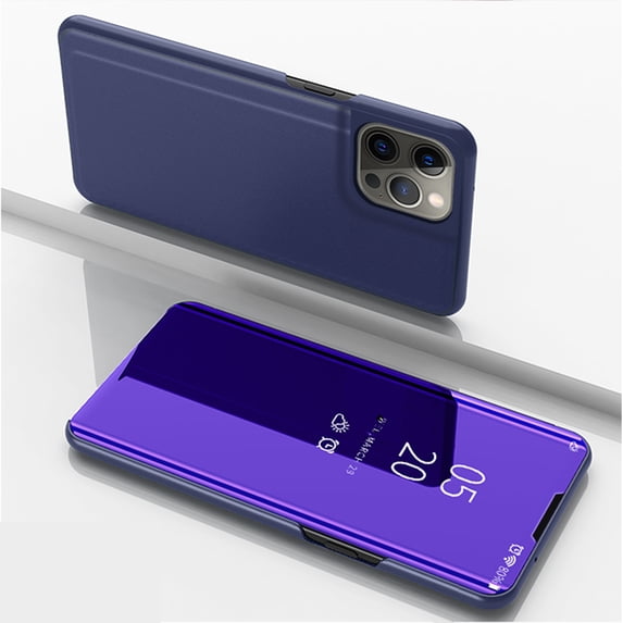 Case Compatible with Apple iPhone 15 Pro Max Cell Phone Case with Kickstand, PU Leather, Clear View Mirror Plating Smart Flip Cover Shockproof Protective Cover for iPhone 15 Pro Max, Purple