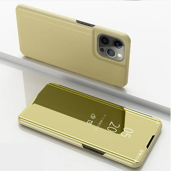 Case Compatible with Apple iPhone 15 Pro Max Cell Phone Case with Kickstand, PU Leather, Clear View Mirror Plating Smart Flip Cover Shockproof Protective Cover for iPhone 15 Pro Max, Gold