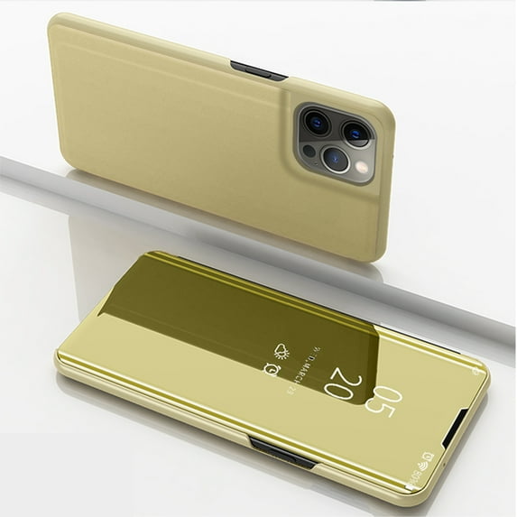 Case Compatible with Apple iPhone 15 Pro Max Cell Phone Case with Kickstand, PU Leather, Clear View Mirror Plating Smart Flip Cover Shockproof Protective Cover for iPhone 15 Pro Max, Gold