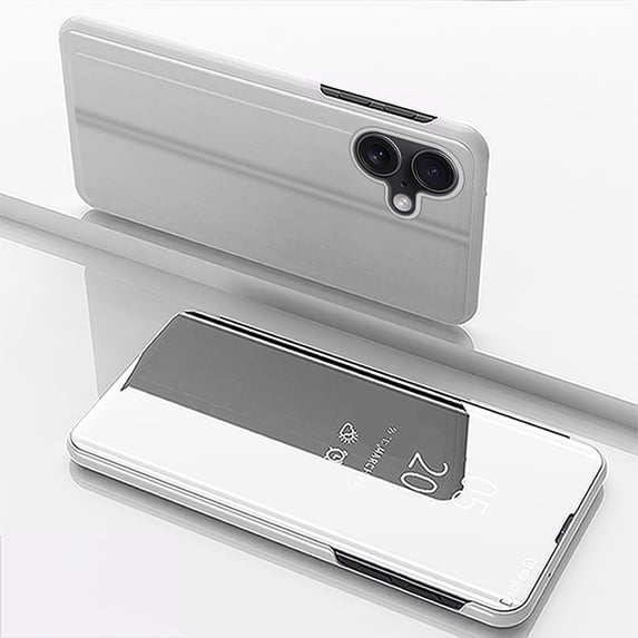 Case Compatible with Apple iPhone 16 Cell Phone Case with Kickstand, PU Leather, Clear View Mirror Plating Smart Flip Cover Shockproof Protective Cover for iPhone 16, Silver
