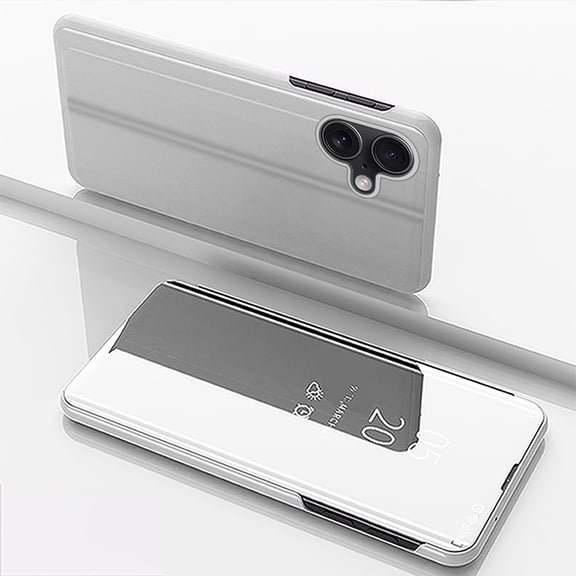 Case Compatible with Apple iPhone 16 Cell Phone Case with Kickstand, PU Leather, Clear View Mirror Plating Smart Flip Cover Shockproof Protective Cover for iPhone 16, Silver