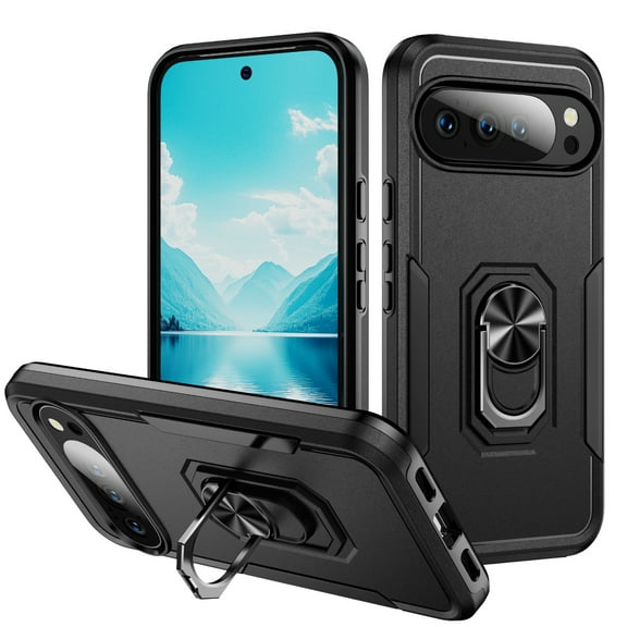 Case Compatible with Google Pixel 10 Pro XL, Cover with Magnetic Ring Holder Stand Hybrid Rugged Shockproof Drop Proof Heavy Duty Cell Accessories for Google Pixel 10 Pro XL Women Men, Black/Black