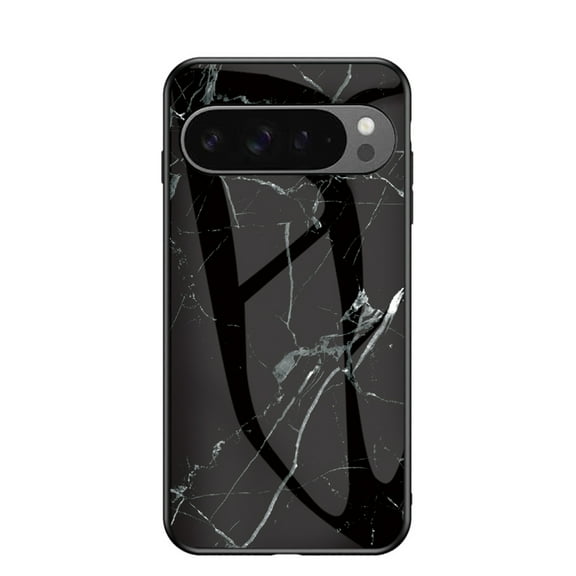 Case Compatible with Google Pixel 9 / 9 Pro, Marble Pattern Temepered Glass Design Scratch-Resistant, TPU Bumper Shock-Proof Anti-Drop Protection, Frame Slightly Convex Protection Case, Black