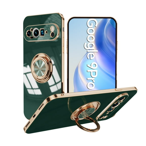 Case Compatible with Google Pixel 9 Pro, with Ring Holder Plating Kickstand Cover Slim Soft Flexible TPU Protective Shock-Absorbing Phone Cases for Women for Google Pixel 9 Pro - Darkgreen