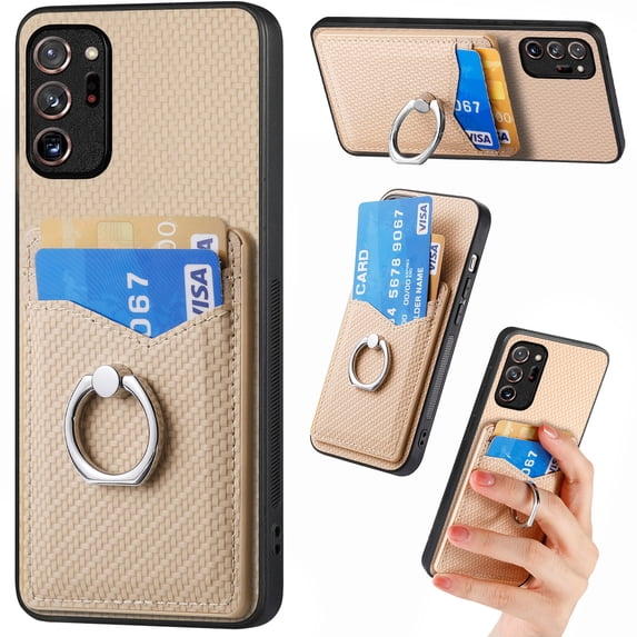 Case Compatible with Samsung Galaxy Note 20 Ultra, Wallet Case Premium Retro Leather Cover with Card Holder, 360° Rotation Ring Kickstand, Carbon Fiber Patterned Design, khaki