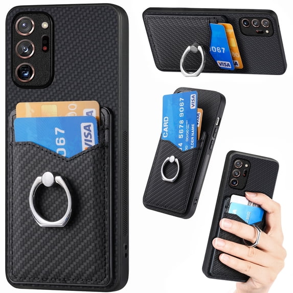 Case Compatible with Samsung Galaxy Note 20 Ultra, Wallet Case Premium Retro Leather Cover with Card Holder, 360° Rotation Ring Kickstand, Carbon Fiber Patterned Design, Black