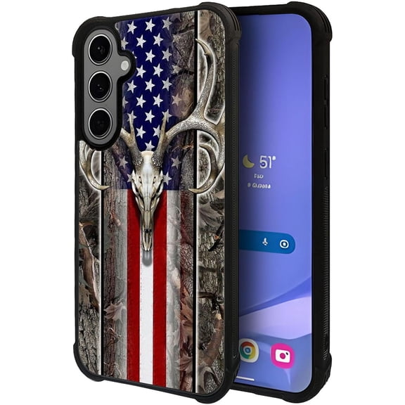 Case Compatible with Samsung Galaxy S24, American Flag Wood Deer Skeleton Back+Soft Silicone Acrylic TPU Design Shock Fall Prevention Protective Case for Samsung Galaxy S24