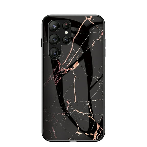 Case Compatible with Samsung Galaxy S24 Ultra, Marble Pattern Temepered Glass Design Scratch-Resistant, TPU Bumper Shock-Proof Anti-Drop Protection, Frame Slightly Convex Protection Case, Gold Black