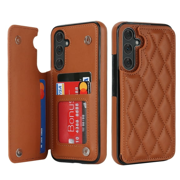 Case Compatible with Samsung Galaxy S25 FE, Stylish Card Slots Kickstand PU Leather Back Case Magnetic Closure RFID Blocking Drop Protective Shockproof Cover for Samsung Galaxy S25 FE, Brown