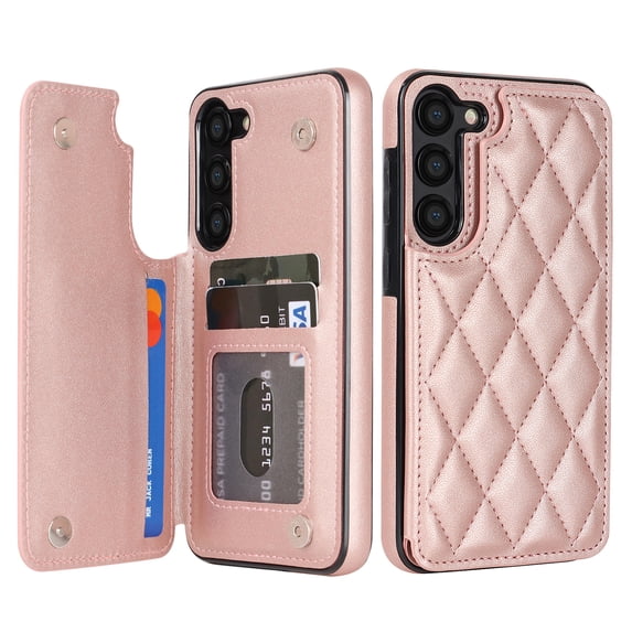 Case Compatible with Samsung Galaxy S25 Plus, Stylish Card Slots Kickstand PU Leather Back Case Magnetic Closure RFID Blocking Drop Protective Shockproof Cover for Samsung Galaxy S25 Plus, Rosegold
