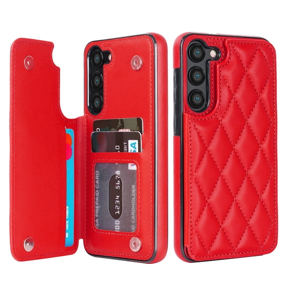 Case Compatible with Samsung Galaxy S25 Plus, Stylish Card Slots Kickstand PU Leather Back Case Magnetic Closure RFID Blocking Drop Protective Shockproof Cover for Samsung Galaxy S25 Plus, Red