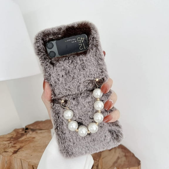 Case Compatible with Samsung Galaxy Z Flip 3 5G 2021,Women Girly Bling Pearl Beads Bracelet Strap Chain Fluffy Soft Warm Case,Shockproof TPU Bumper Protective Case Cover,Plush Brown