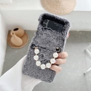 Case Compatible with Samsung Galaxy Z Flip 3 5G 2021,Women Girly Bling Pearl Beads Bracelet Strap Chain Fluffy Soft Warm Case,Shockproof TPU Bumper Protective Case Cover,Plush Grey