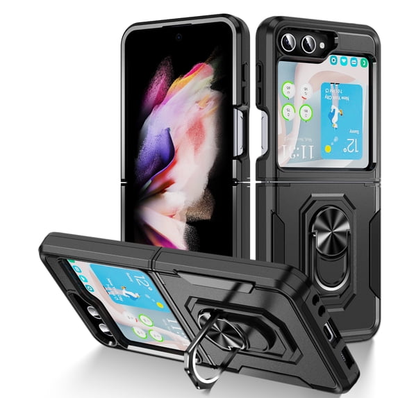 Case Compatible with Samsung Galaxy Z Flip 5, Cover with Magnetic Ring Holder Stand Hybrid Rugged Shockproof Drop Proof Heavy Duty Cell Accessories for Samsung Galaxy Z Flip 5 Women Men, Black/Black