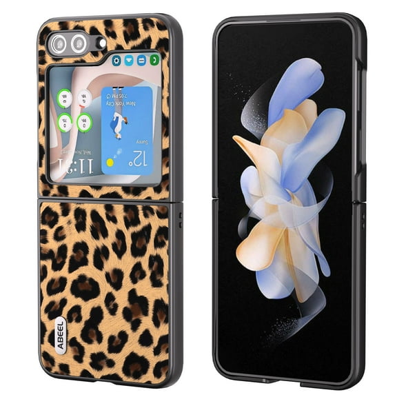 Case Compatible with Samsung Galaxy Z Flip 5, Luxury Leopard Design Non-Slip + Shockproof Rugged PC Frame Drop Protective Ultra Slim Phone Case Cover for Samsung Galaxy Z Flip 5, Light Gold