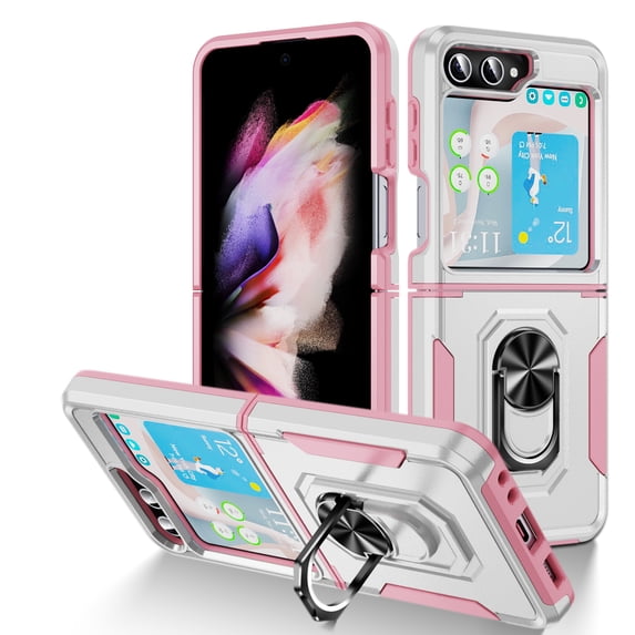 Case Compatible with Samsung Galaxy Z Flip 6, Cover with Magnetic Ring Holder Stand Hybrid Rugged Shockproof Drop Proof Heavy Duty Cell Accessories for Samsung Galaxy Z Flip 6 Women Men, White/Pink