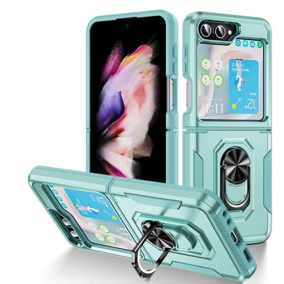 Case Compatible with Samsung Galaxy Z Flip 6, Cover with Magnetic Ring Holder Stand Hybrid Rugged Shockproof Drop Proof Heavy Duty Cell Accessories for Samsung Galaxy Z Flip 6 Women Men, Green/Green