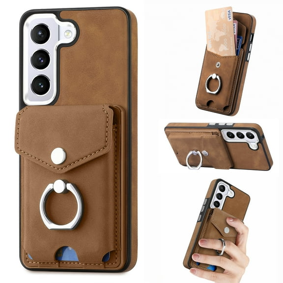 Case Compatible with Samsung S21 FE, Wallet Case [RFID Blocking], Leather Case with Card Holder, 360° Rotation Ring Kickstand, Protective Snap Buttons for Samsung Galaxy S21 FE, Brown