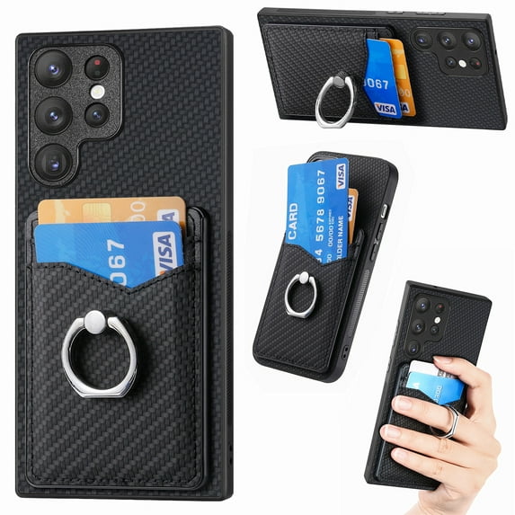 Case Compatible with Samsung S23 Ultra, Wallet Case Premium Retro Leather Cover with Card Holder, 360? Rotation Ring Kickstand, Carbon Fiber Patterned Design for Samsung Galaxy S23 Ultra, Black