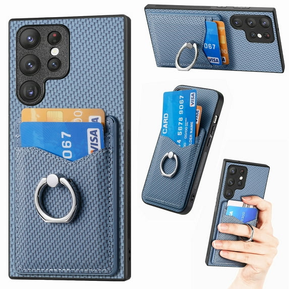 Case Compatible with Samsung S23 Ultra, Wallet Case Premium Retro Leather Cover with Card Holder, 360? Rotation Ring Kickstand, Carbon Fiber Patterned Design for Samsung Galaxy S23 Ultra, Blue