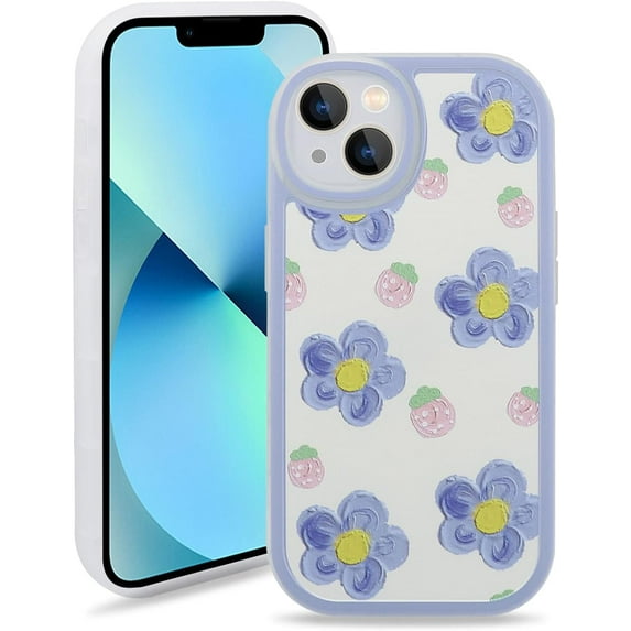Case Compatible for iPhone 14, Cute Flower Soft TPU Protective Bumper Cover Women Girls, Blue Floral Pattern Phone Case for iPhone 14 (6.1 inch)