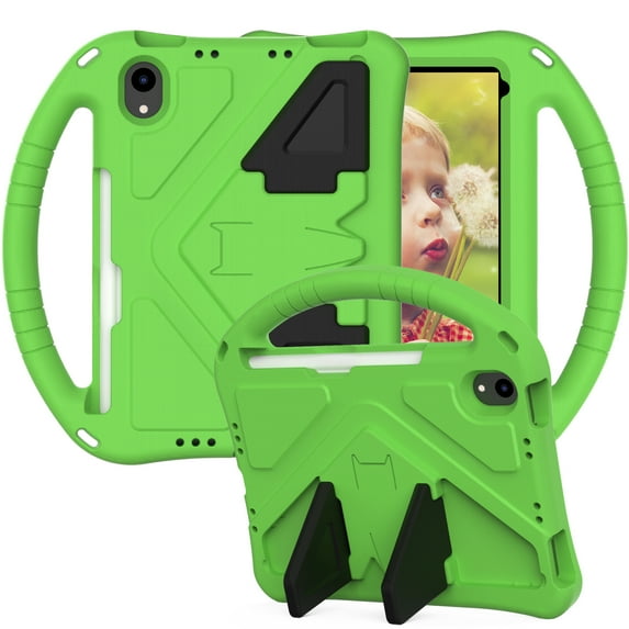 Case Compatible With iPad Mini 7 (A17 Pro)2024/6th Gen,Kids Friendly,With Handle and Contractible Kickstand,Lightweight Shockproof Rugged EVA Drop-proof Anti-fall Cute Cover Case,Green