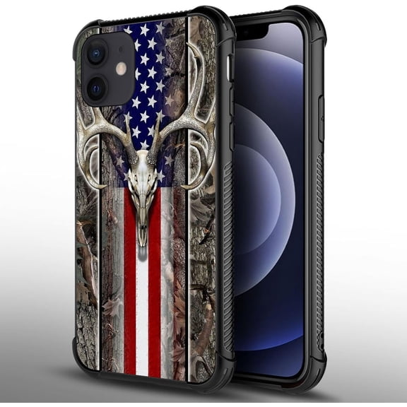 Case Compatible with iPhone 12/12 Pro, American Flag Wood Deer Skeleton Back+Soft Silicone Acrylic TPU Design Shock Fall Prevention Protective Case for iPhone 12/12 Pro