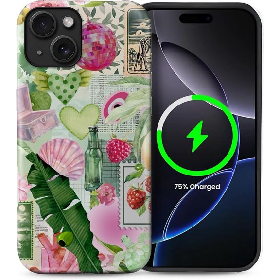 Case Compatible with iPhone 13/14 [Compatible with MagSafe] Hybrid 2-Layer Hard Shell Protection Case, Shockproof Protective Magnetic Cover, Pink Green Lemon Raspberry Collage