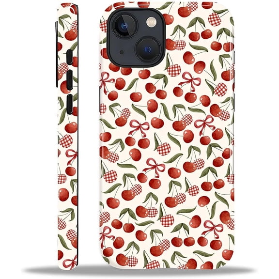 Case Compatible with iPhone 13 14, Cute Dual Layer Hybrid Phone Cover, Military Grade Drop Protection, Aesthetic Shockproof Phone Case for Women Girls, Cherry Plaid Bow