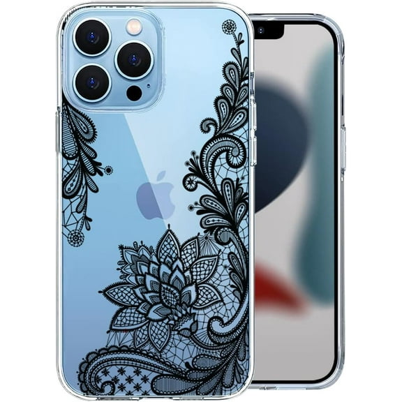 Case Compatible with iPhone 13 Pro(6.1 Inch), Clear Cute Flowers Design Soft Bumper Hard Back Shockproof Women Girls Phone Cover Black Lace Floral Pattern Protective Case (Black Floral 13Pro)