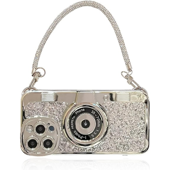 Case Compatible with iPhone 13 Pro Max,Cute Bling 3D Vintage Camera Phone Case with Hand Strap Unique Cool Silicone TPU Case Shockproof Protective Case Women Girls for iPhone 13 Pro Max