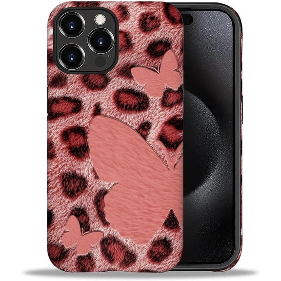 Case Compatible with iPhone 13 Pro Max,Girl Hybrid 2-Layer Hard Shell + Silicone Protective Case -Scratch-Resistant Shockproof-Pink Plush Leopard Butterfly