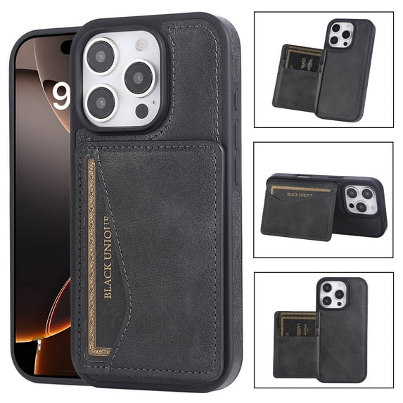 Case Compatible with iPhone 14, PU Leather Card Slots Kickstand Phone Cover, Classic Ultra Slim Lightweight Drop Protective Shokcproof Durable Thin Case for iPhone 14, Black