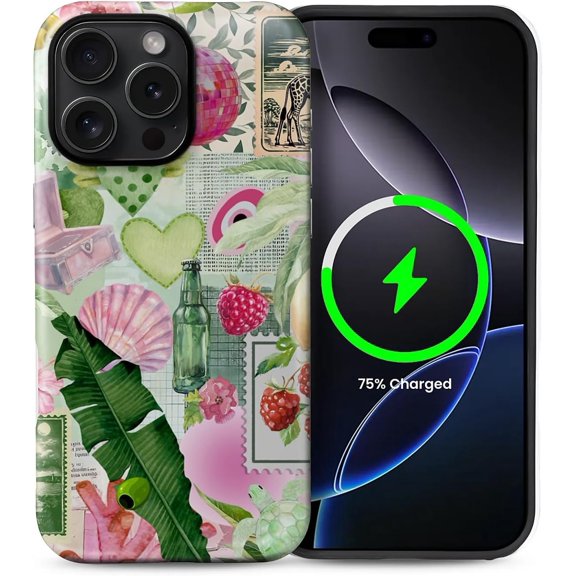 Case Compatible with iPhone 14 Pro [Compatible with MagSafe] Hybrid 2-Layer Hard Shell Protection Case, Shockproof Protective Magnetic Cover, Pink Green Lemon Raspberry Collage