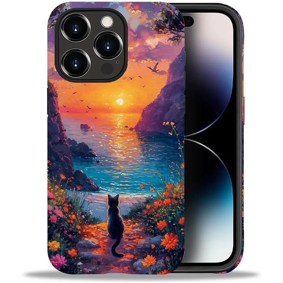 Case Compatible with iPhone 14 Pro Max, The Cat with The Sunset Flowers Girl Hybrid 2-Layer Hard Shell + Silicone Protective Case -Scratch-Resistant Shockproof for iPhone 14 Pro Max.