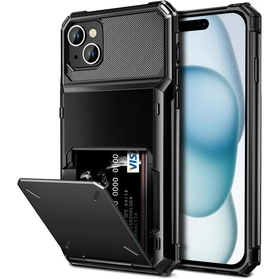 Case Compatible with iPhone 15 with Card Holder 4-Card Dual Layer Heavy Duty Shockproof Wallet Case Hidden Flip Card Slot Protective Hard Shell Back Cover Case for iPhone 15, 6.1 Inch Black