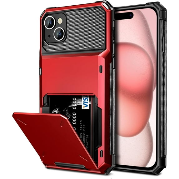 Case Compatible with iPhone 15 with Card Holder 4-Card Dual Layer Heavy Duty Shockproof Wallet Case Hidden Flip Card Slot Protective Hard Shell Back Cover Case for iPhone 15, 6.1 Inch Red