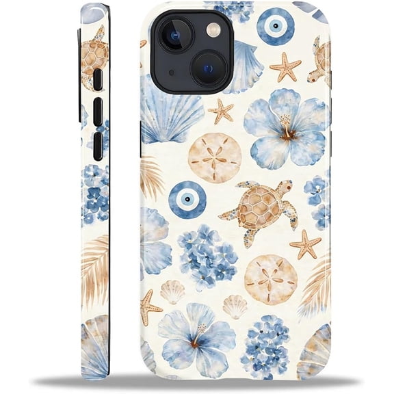 Case Compatible with iPhone 15, Cute Dual Layer Hybrid Phone Cover, Military Grade Drop Protection, Aesthetic Shockproof Phone Case for Women Girls, Summer Hibiscus Sea Turtle