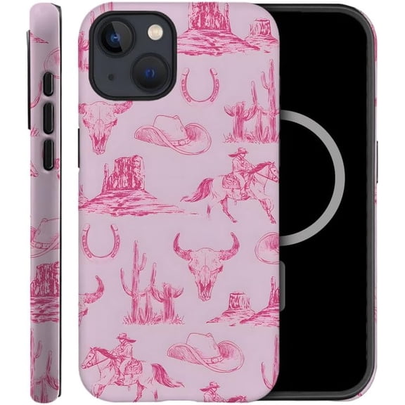 Case Compatible with iPhone 15 Plus, Compatible with MagSafe, Fall Prevention Hybrid 2-Layer Hard Shell Cases for Girls Boys, Pink Hat Horse Western Cowboy