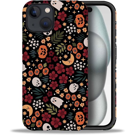 Case Compatible with iPhone 15 Plus, Halloween Floral Print Girl Hybrid 2-Layer Hard Shell + Silicone Protective Case -Scratch-Resistant Shockproof for iPhone 15 Plus